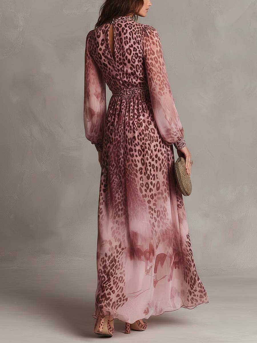 Pink Floral Leopard Chiffon Maxi Dress - Image 2