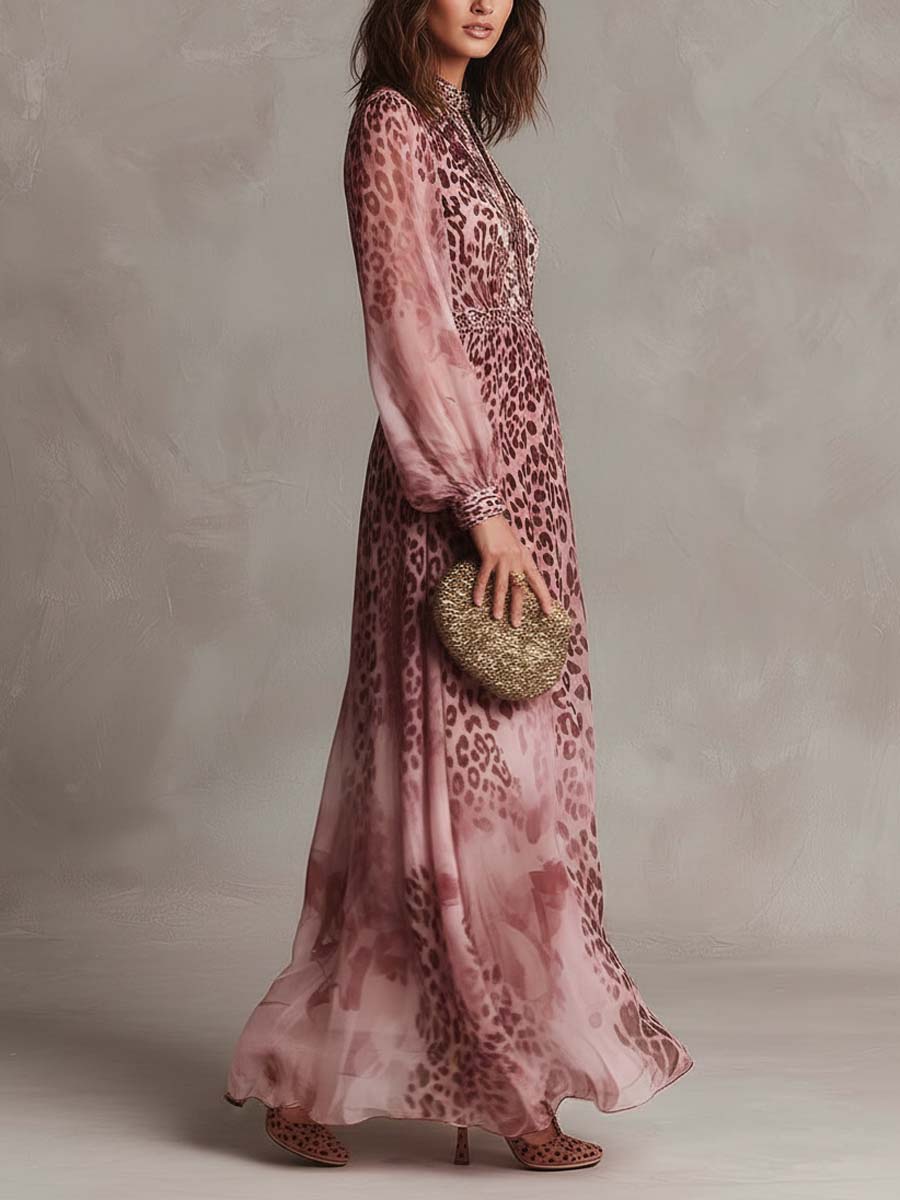 Pink Floral Leopard Chiffon Maxi Dress - Image 3
