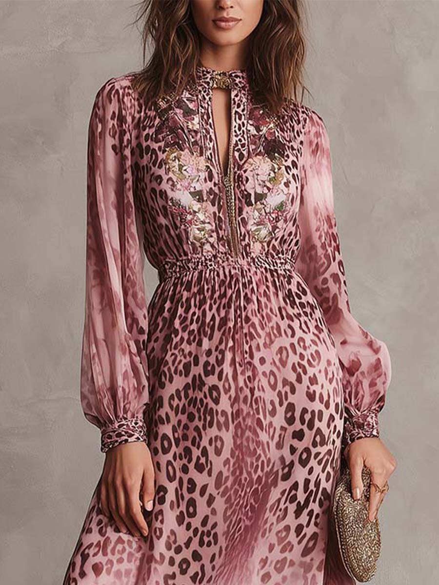Pink Floral Leopard Chiffon Maxi Dress - Image 4