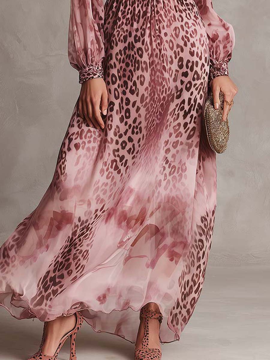 Pink Floral Leopard Chiffon Maxi Dress - Image 5