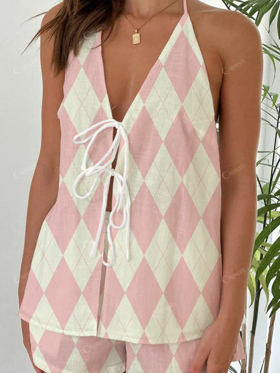 Pink Lattice Print Halter Neck Tie-Up Top And Shorts Suit - Image 2
