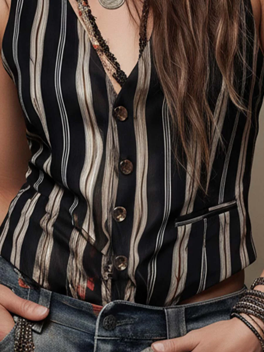 Pinstripe Satin Button-Front Vest Top - Image 3