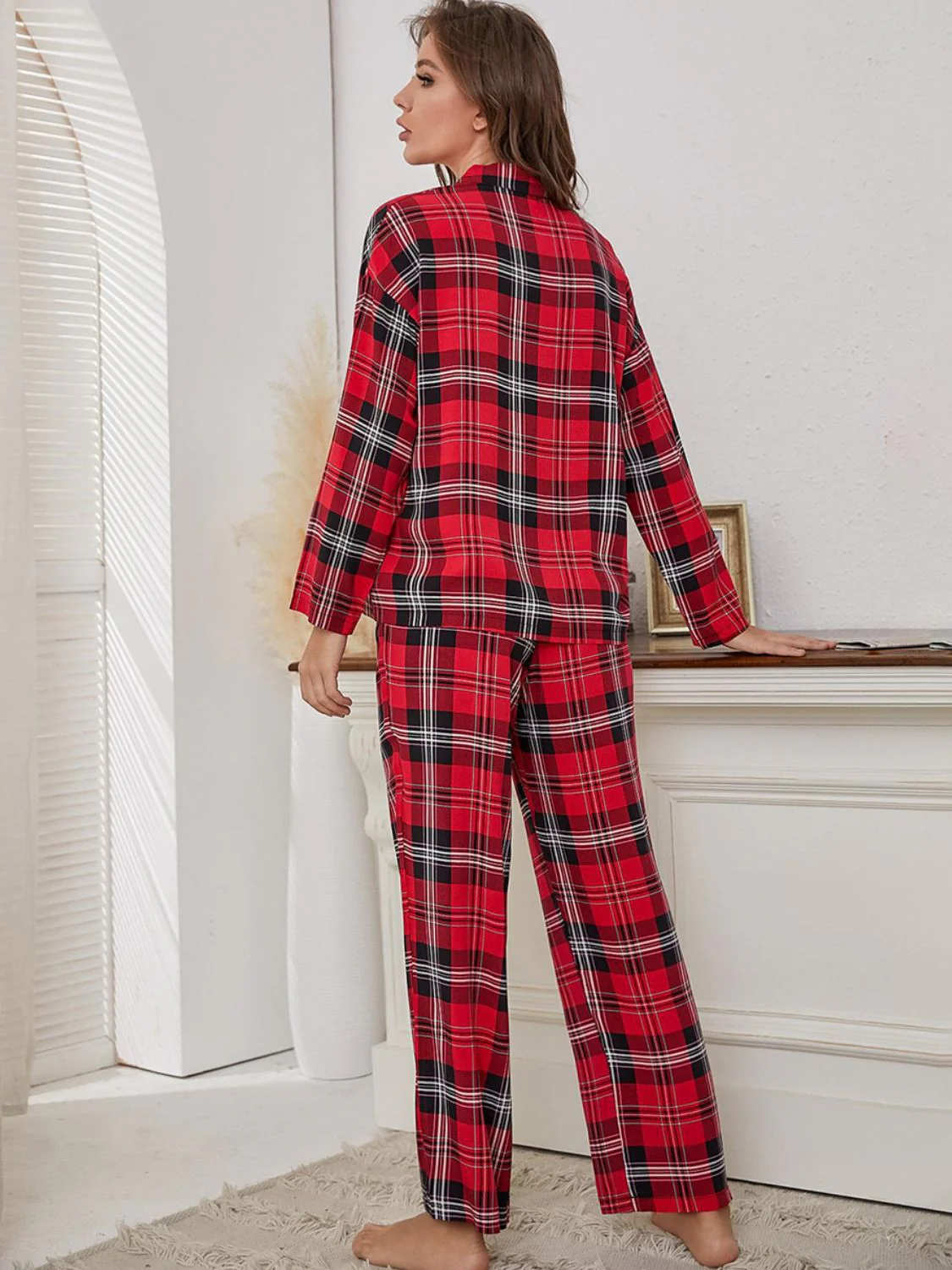 Plaid Collared Neck Long Sleeve Top and Pants Lounge Set - Image 3