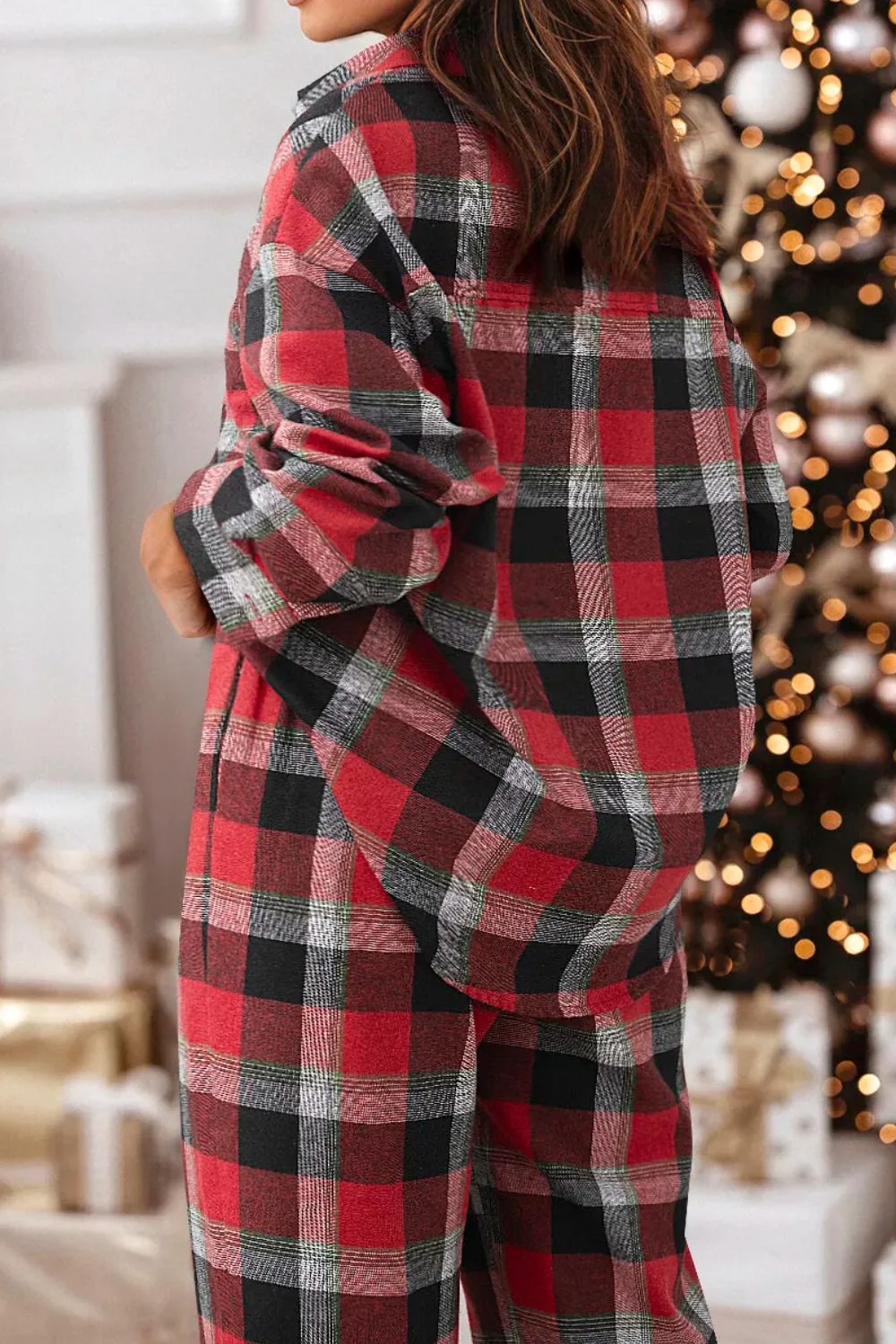 Plaid Long Sleeve Top and Pants Lounge Set - Image 2
