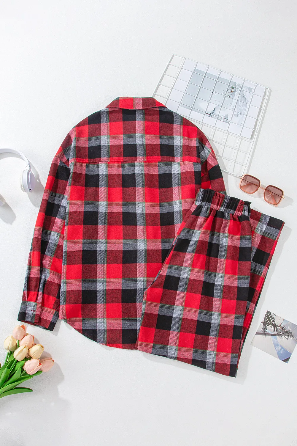 Plaid Long Sleeve Top and Pants Lounge Set - Image 4