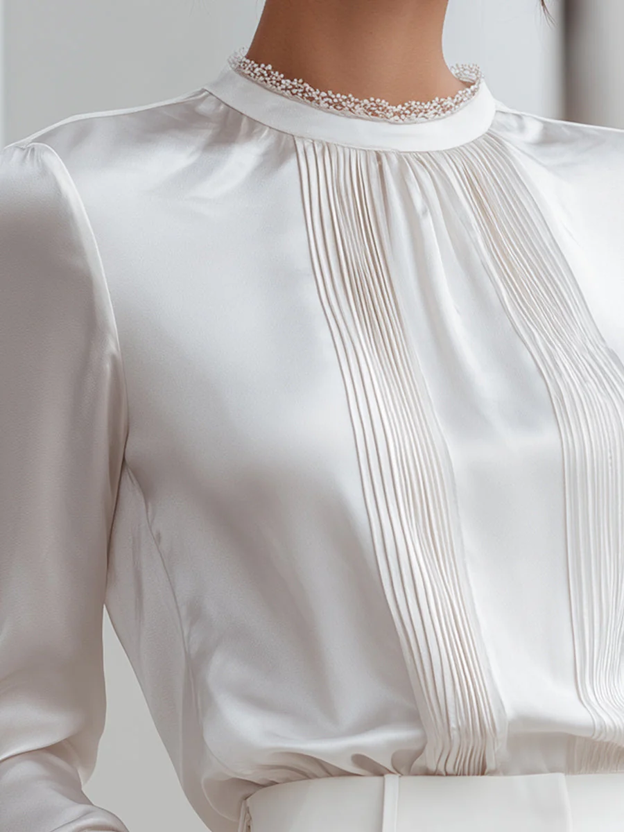 Pleated Front Satin Blouse With Refined Collar - Image 3