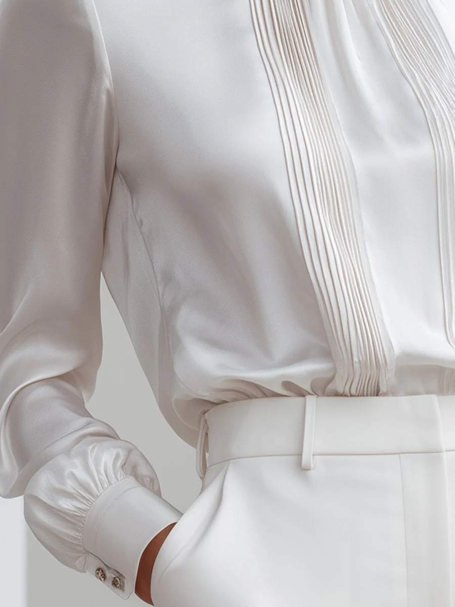 Pleated Front Satin Blouse With Refined Collar - Image 4