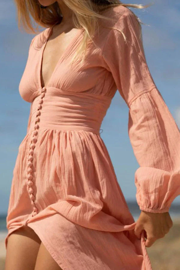 White Plunging Button Long Sleeve Maxi Dress - Image 5