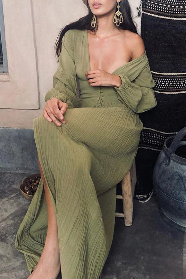 White Plunging Button Long Sleeve Maxi Dress - Image 8