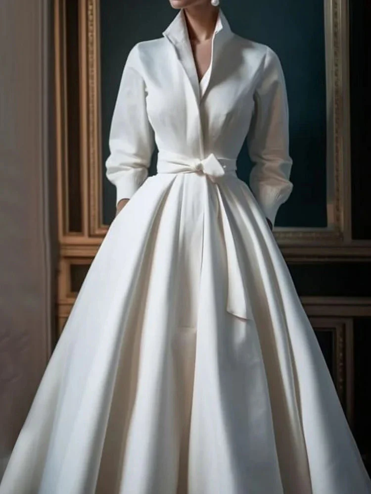 Plus Size Simple Solid Color Stand Collar Midi Shirt Dress - Image 2