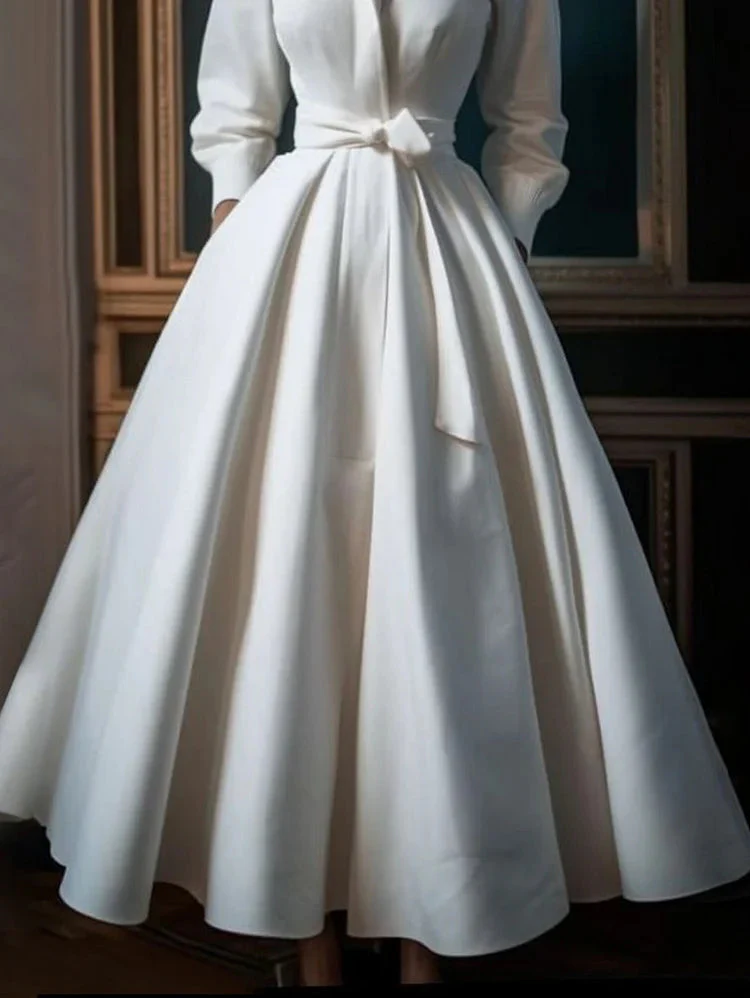 Plus Size Simple Solid Color Stand Collar Midi Shirt Dress - Image 3