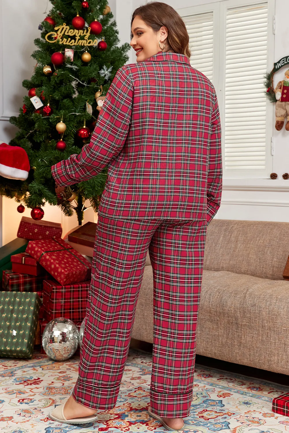 Plaid Collared Neck Top and Pants Lounge Set - Image 2