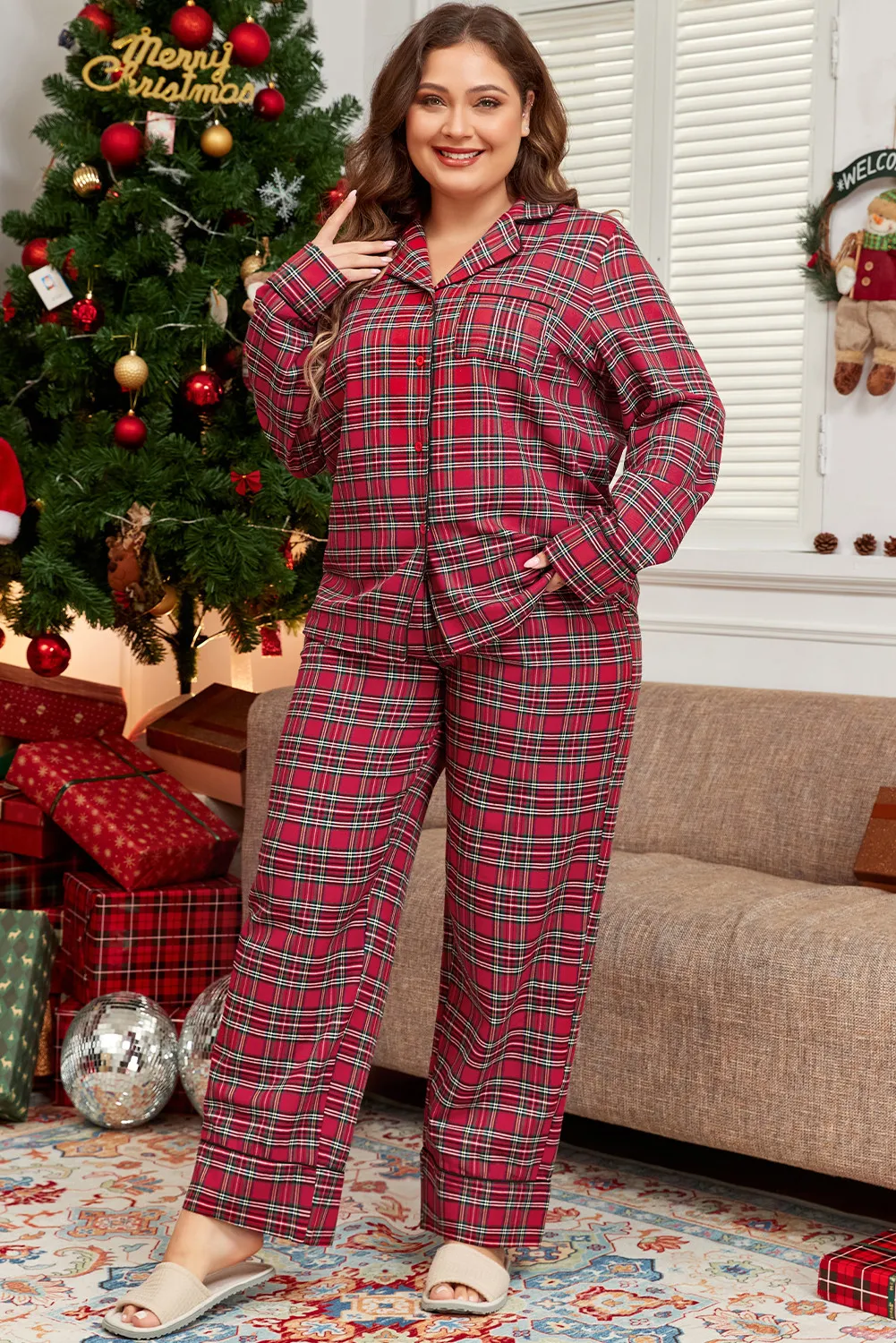 Plaid Collared Neck Top and Pants Lounge Set - Image 4
