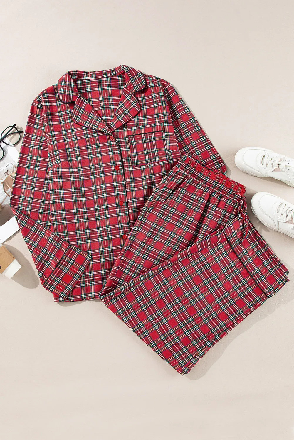 Plaid Collared Neck Top and Pants Lounge Set - Image 6
