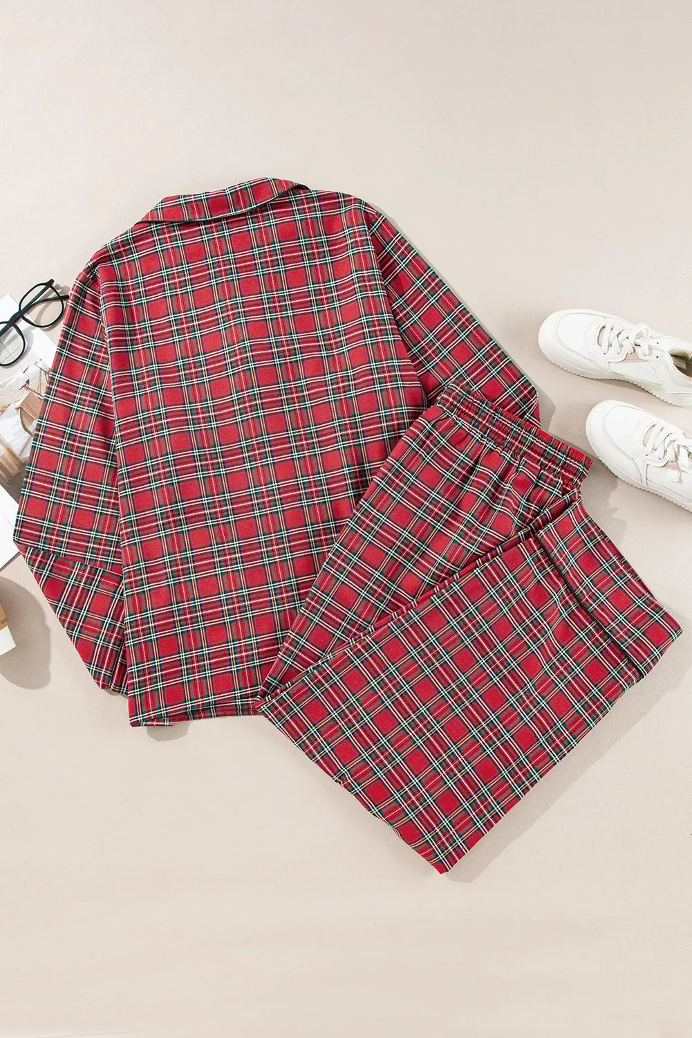 Plaid Collared Neck Top and Pants Lounge Set - Image 7