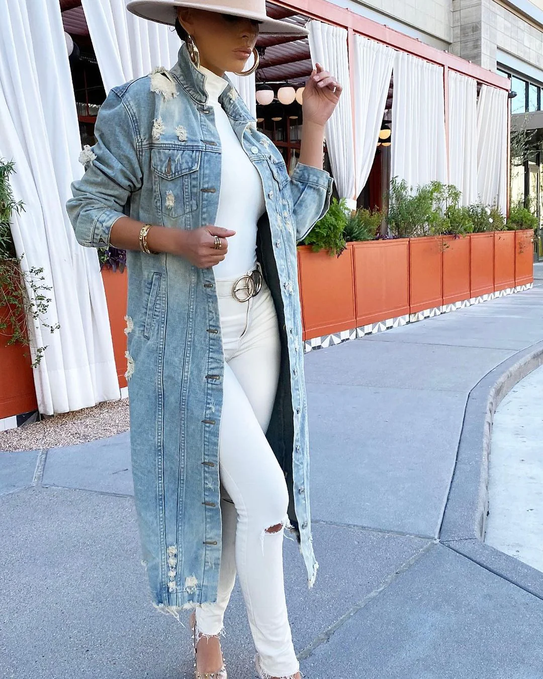 Plus Size Blue Casual Solid Ripped Turndown Collar Long Sleeve Regular Denim Jacket Coat - Image 10