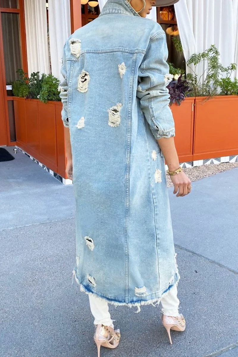 Plus Size Blue Casual Solid Ripped Turndown Collar Long Sleeve Regular Denim Jacket Coat - Image 11