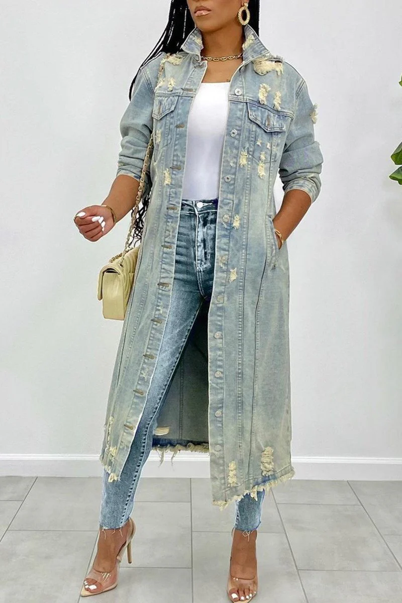 Plus Size Blue Casual Solid Ripped Turndown Collar Long Sleeve Regular Denim Jacket Coat - Image 12