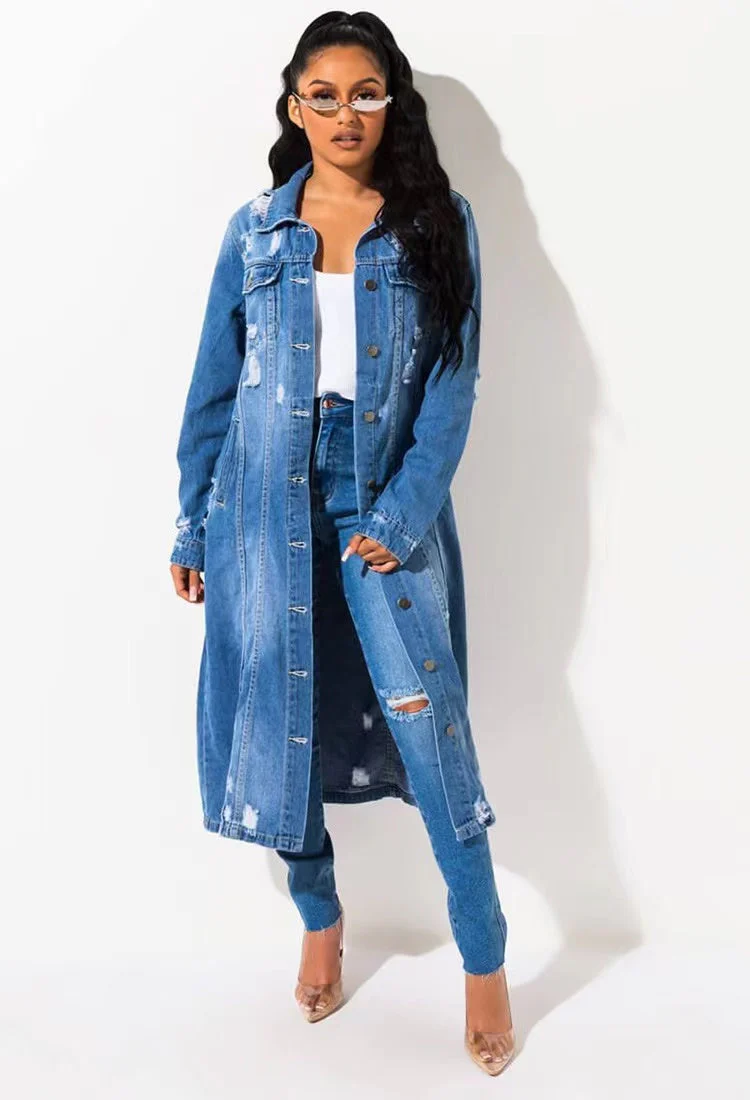 Plus Size Blue Casual Solid Ripped Turndown Collar Long Sleeve Regular Denim Jacket Coat - Image 13