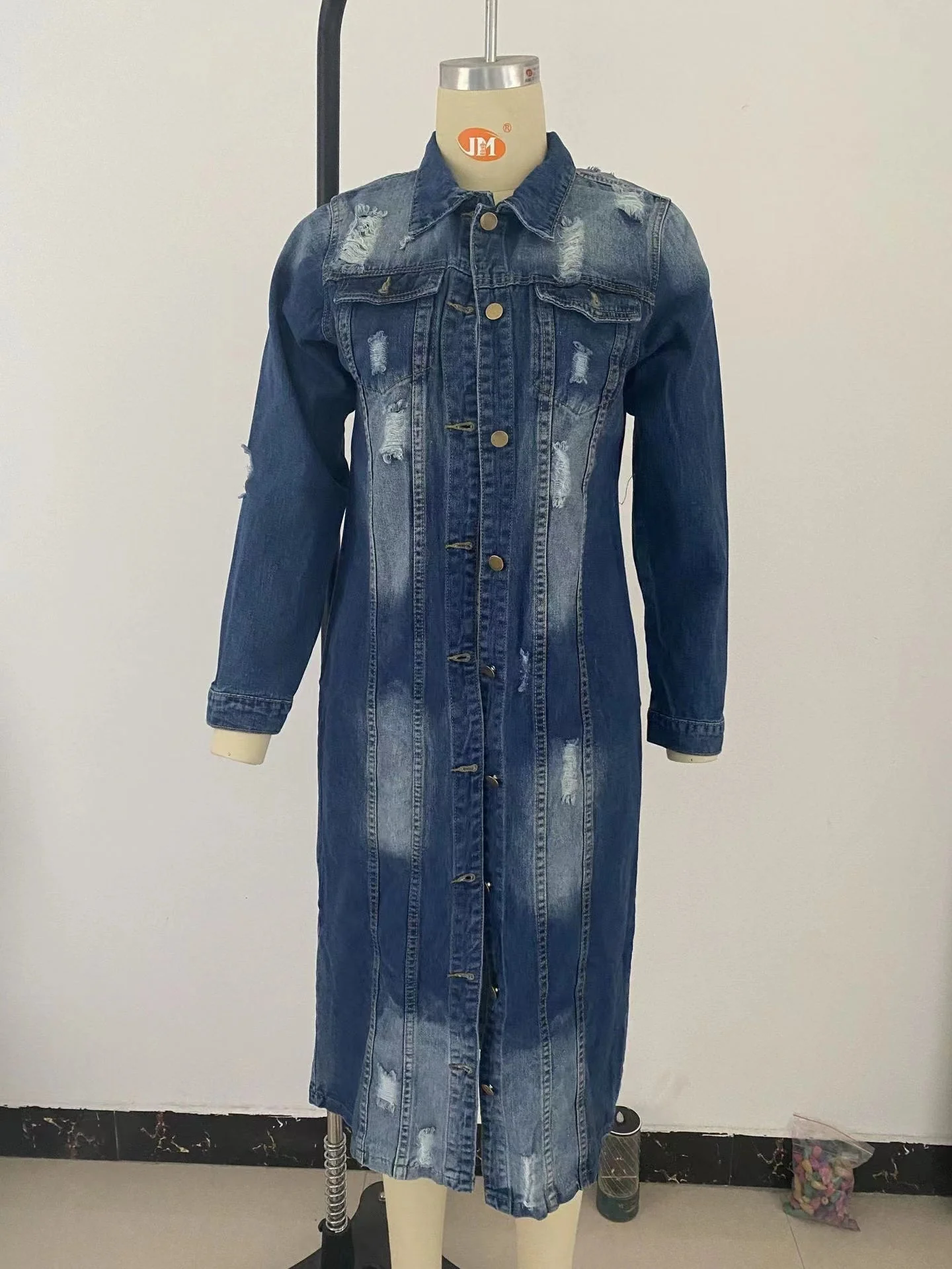 Plus Size Blue Casual Solid Ripped Turndown Collar Long Sleeve Regular Denim Jacket Coat - Image 14
