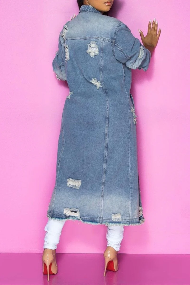 Plus Size Blue Casual Solid Ripped Turndown Collar Long Sleeve Regular Denim Jacket Coat - Image 3