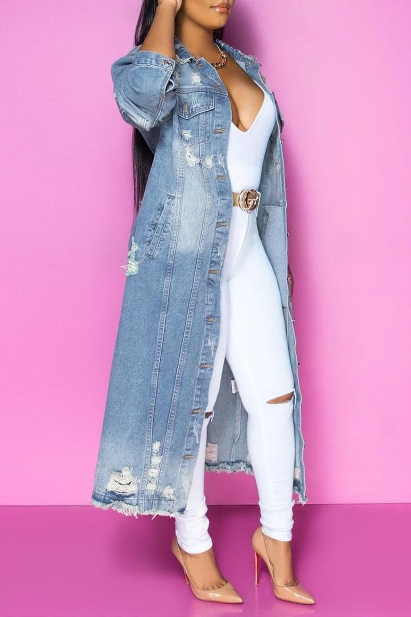 Plus Size Blue Casual Solid Ripped Turndown Collar Long Sleeve Regular Denim Jacket Coat - Image 4