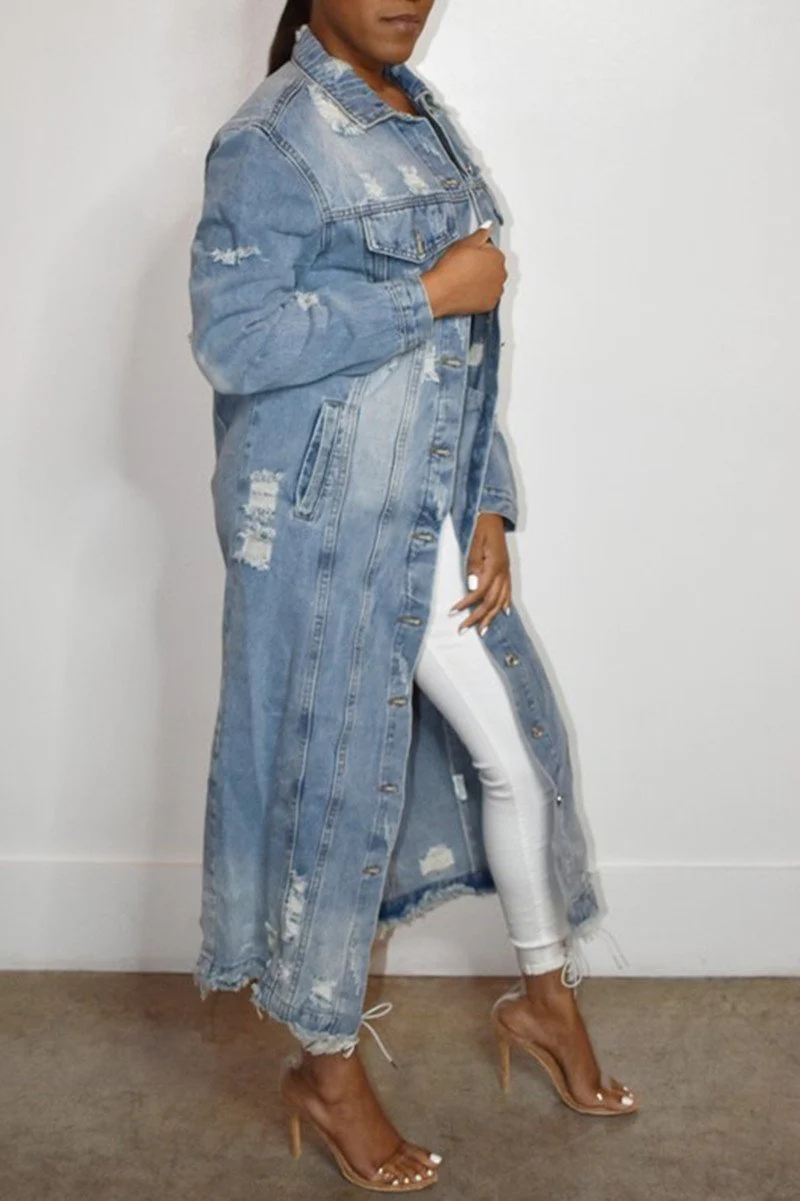 Plus Size Blue Casual Solid Ripped Turndown Collar Long Sleeve Regular Denim Jacket Coat - Image 5