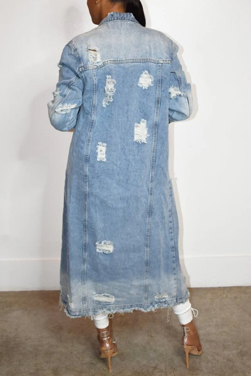 Plus Size Blue Casual Solid Ripped Turndown Collar Long Sleeve Regular Denim Jacket Coat - Image 7