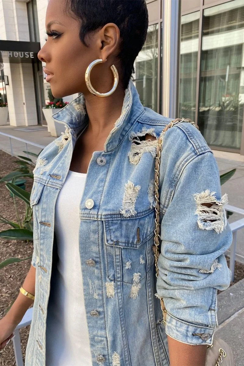 Plus Size Blue Casual Solid Ripped Turndown Collar Long Sleeve Regular Denim Jacket Coat - Image 9
