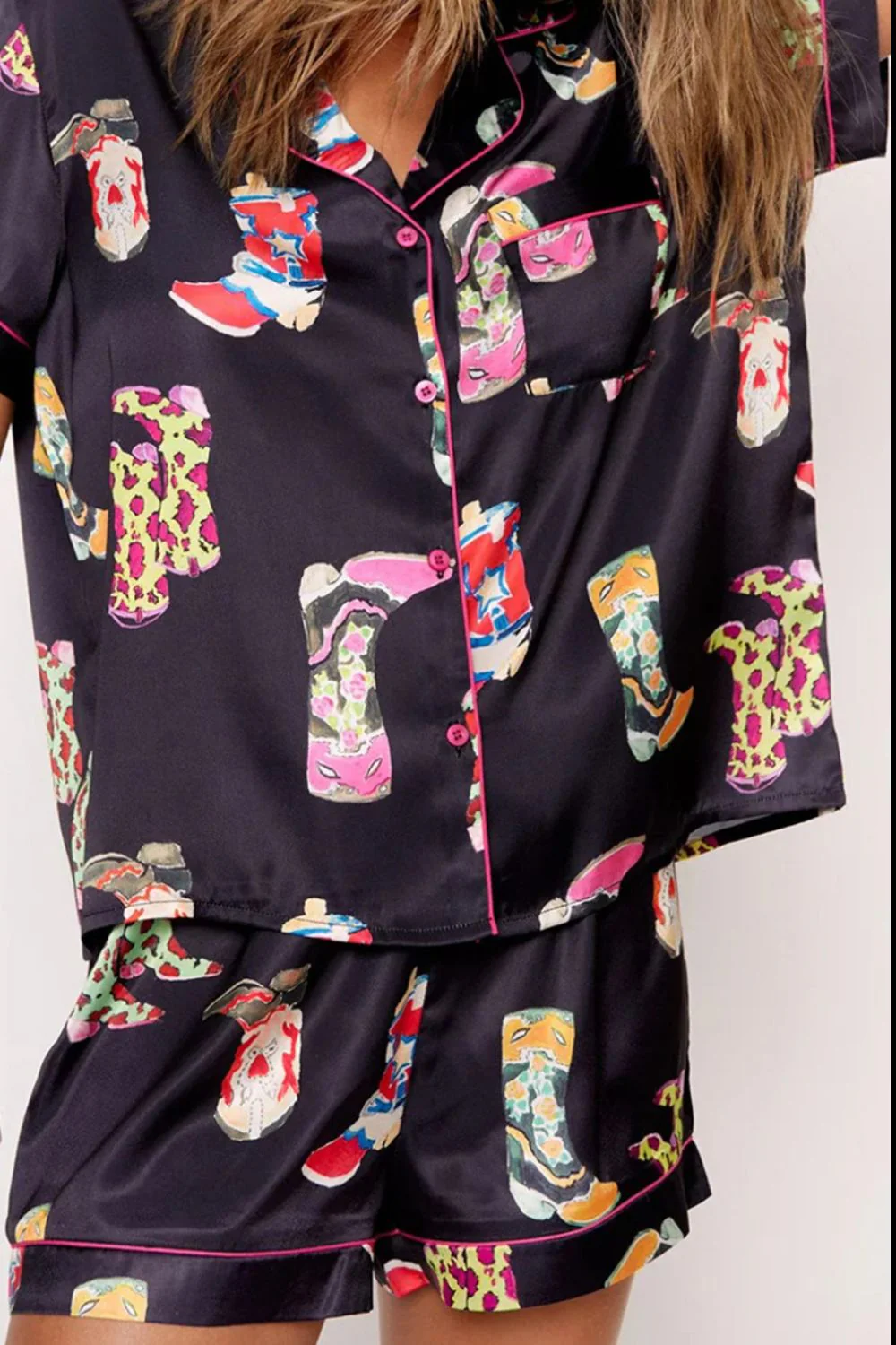 Printed Button Up Short Sleeve Top and Shorts Lounge Set - Image 2