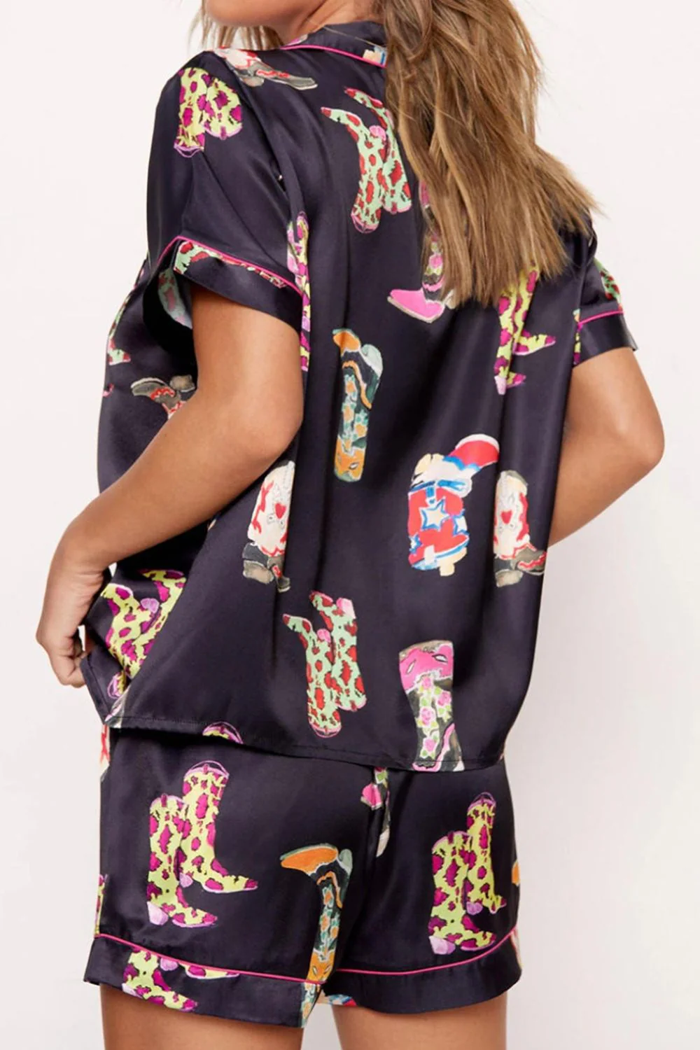 Printed Button Up Short Sleeve Top and Shorts Lounge Set - Image 3