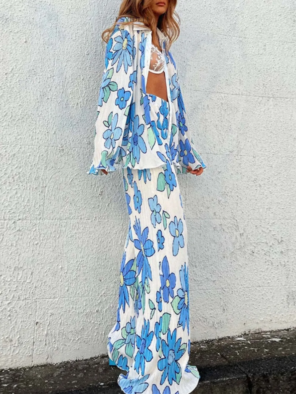 Printed Collared Neck Long Sleeve Top and Pants Lounge Set - Image 10