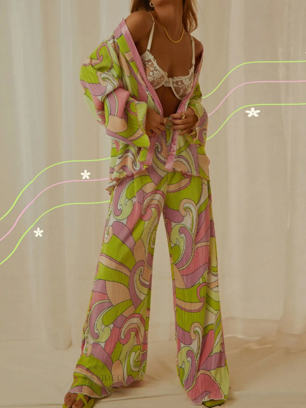 Printed Collared Neck Long Sleeve Top and Pants Lounge Set - Image 5