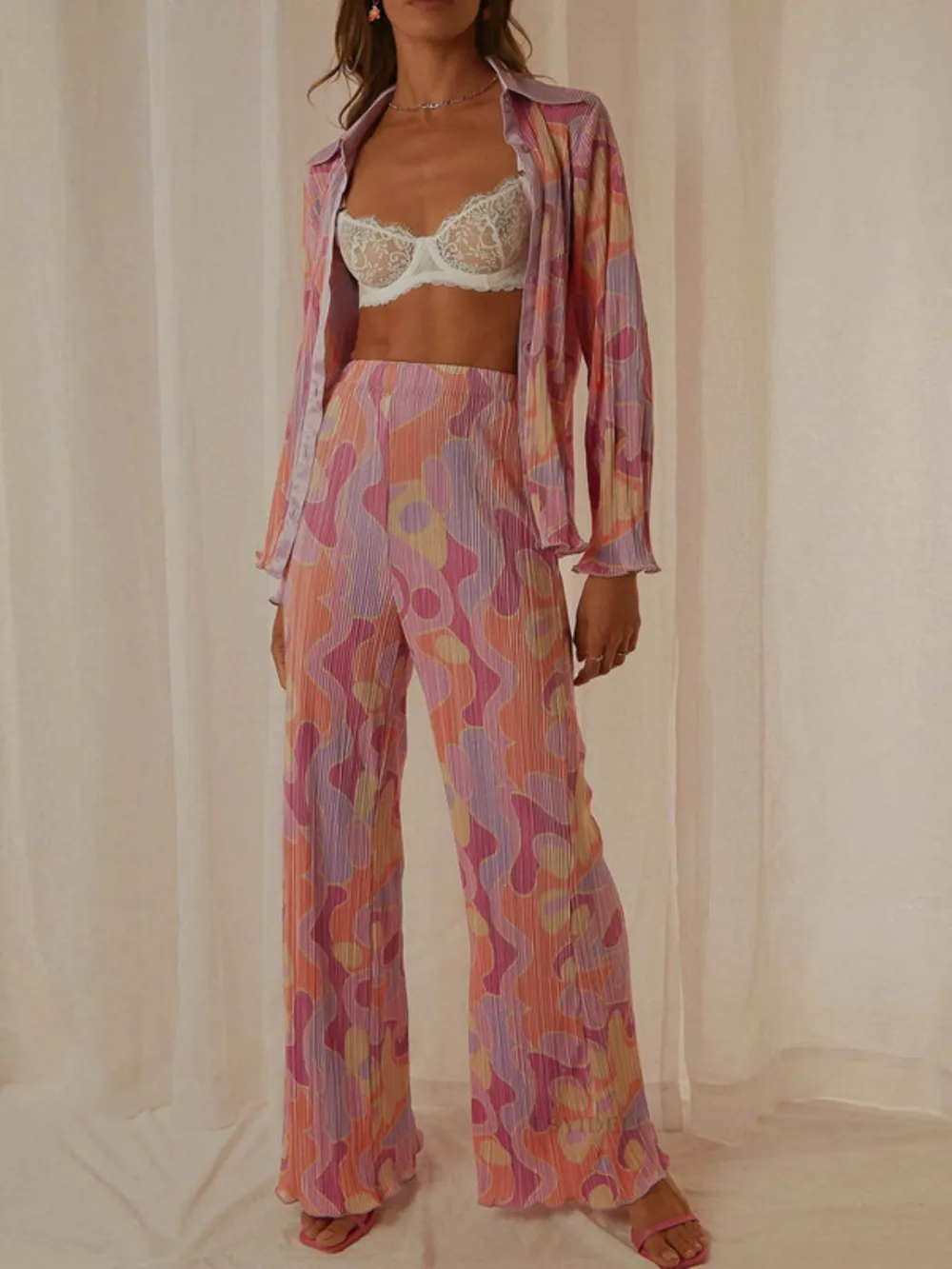 Printed Collared Neck Long Sleeve Top and Pants Lounge Set - Image 7