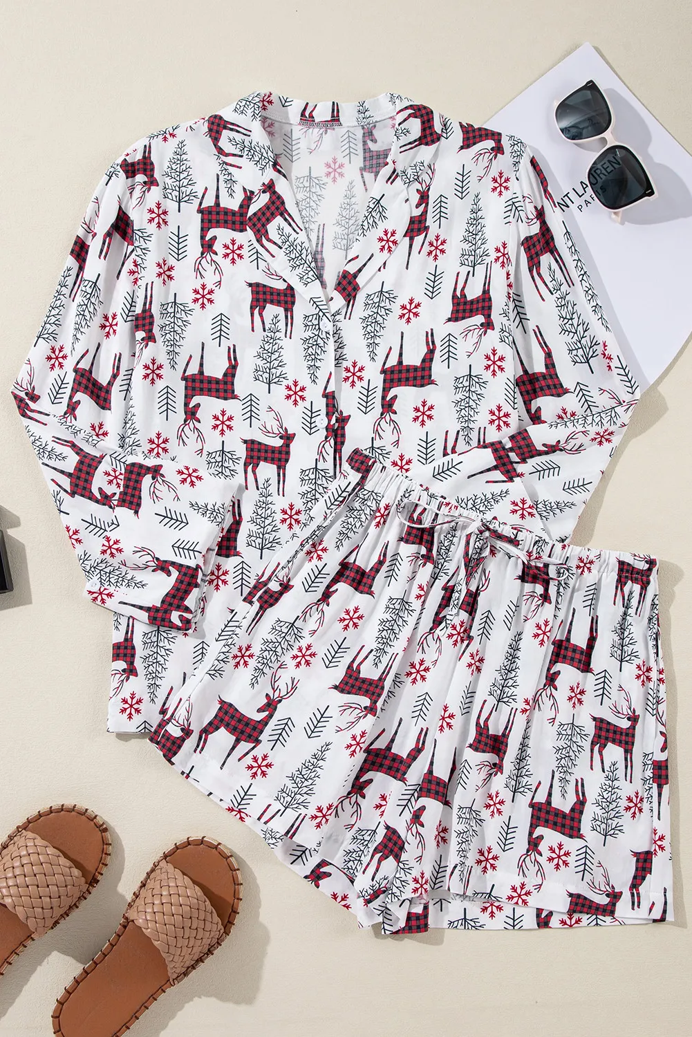 Printed Collared Neck Long Sleeve Top and Shorts Lounge Set - Image 2