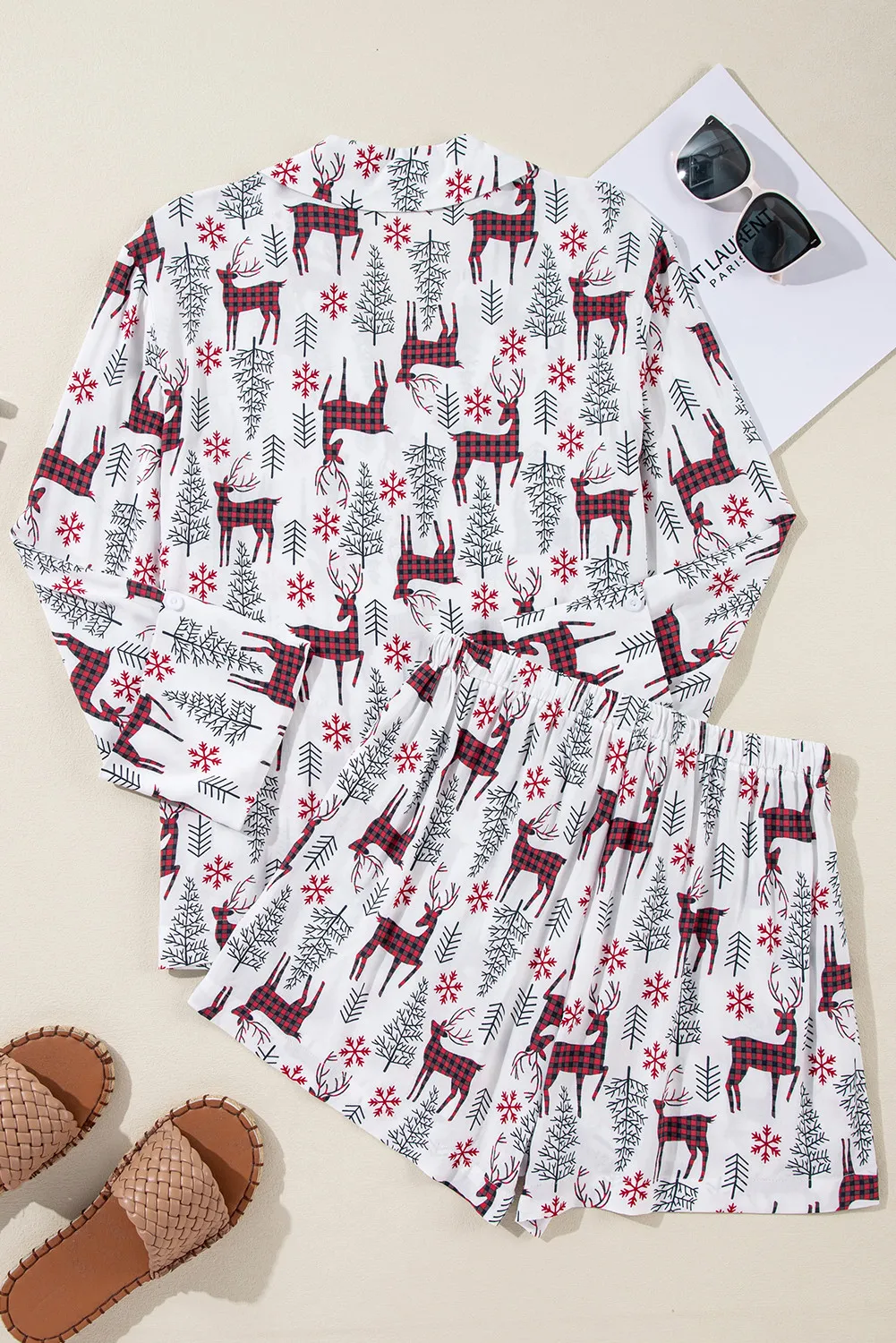 Printed Collared Neck Long Sleeve Top and Shorts Lounge Set - Image 3