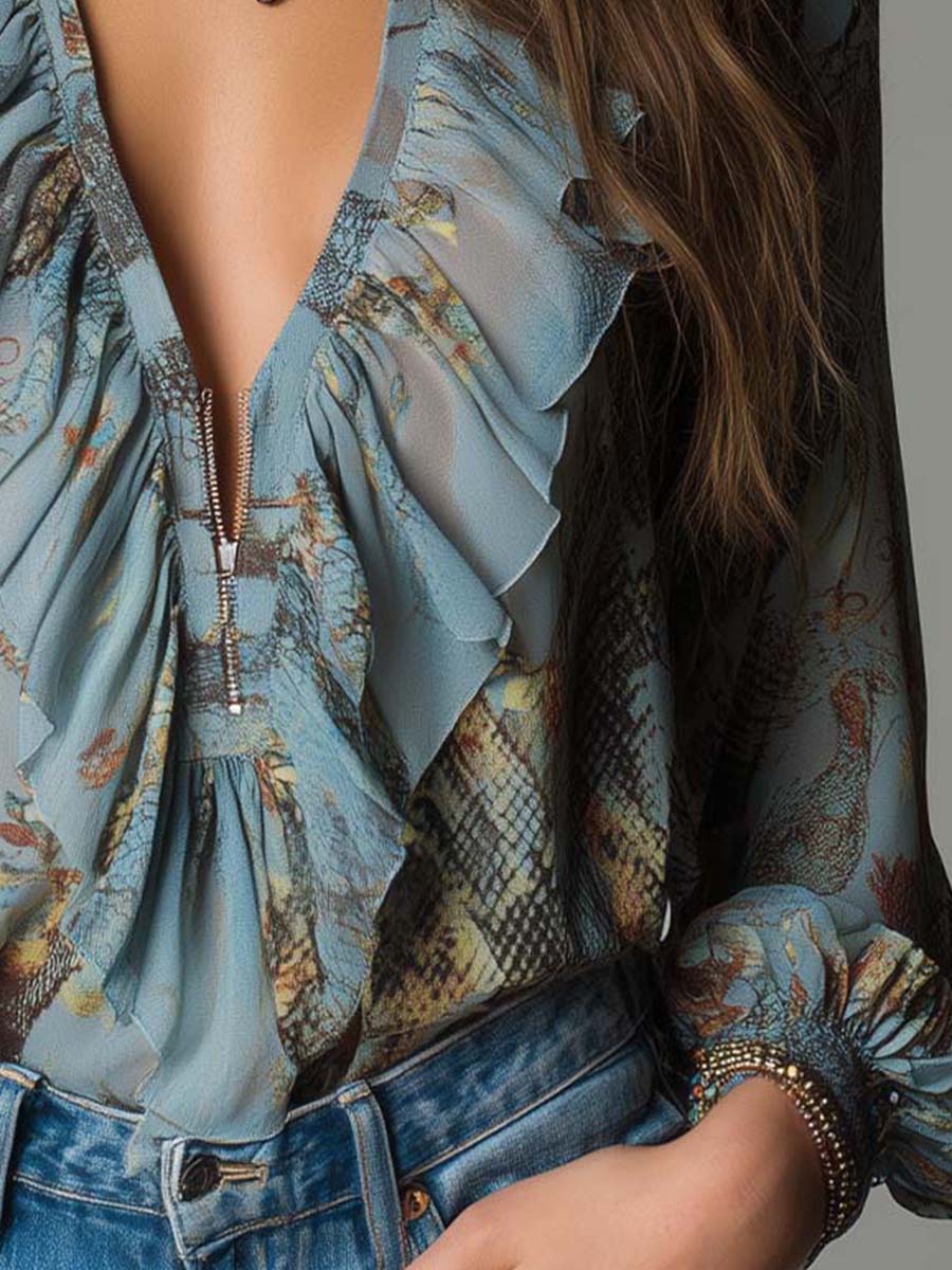 Printed Ruffled Zip-Front Chiffon Blouse – Mist Blue Snake Floral - Image 2