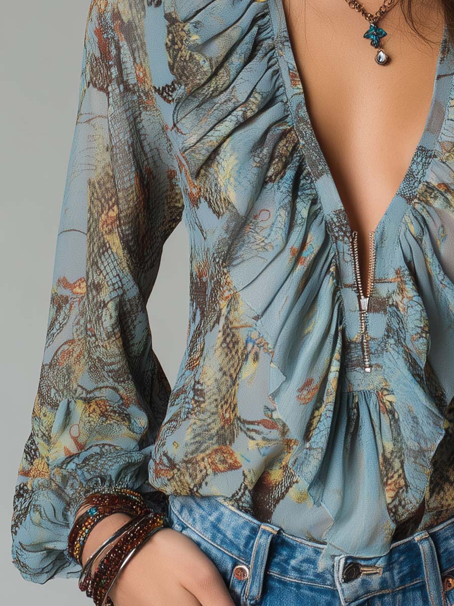 Printed Ruffled Zip-Front Chiffon Blouse – Mist Blue Snake Floral - Image 4