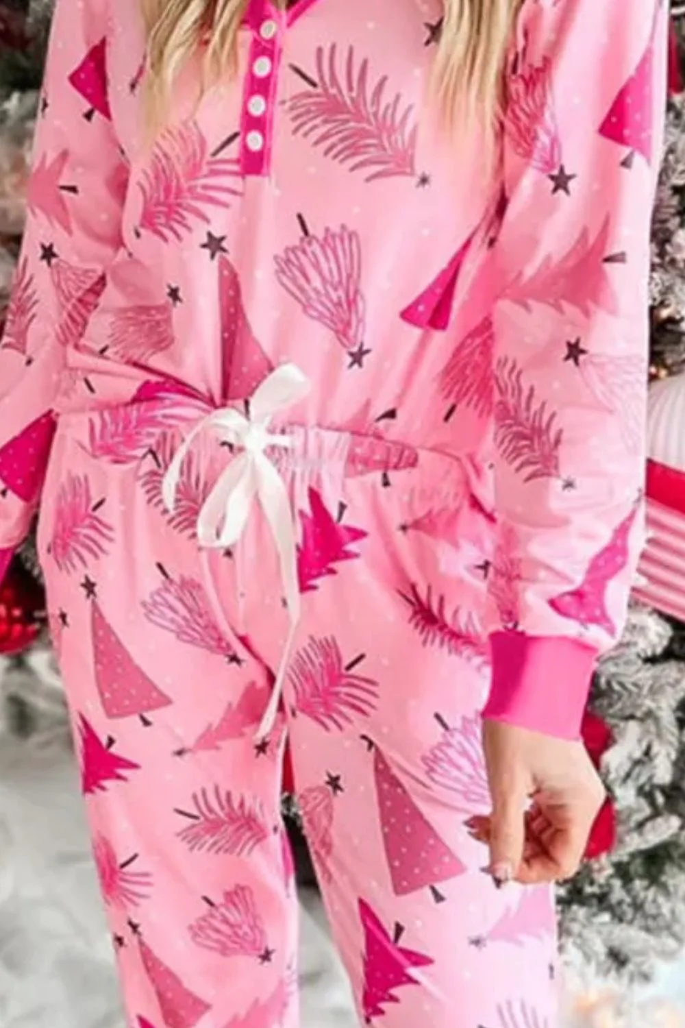 Printed V-Neck Long Sleeve Top and Pants Lounge Set - Image 2