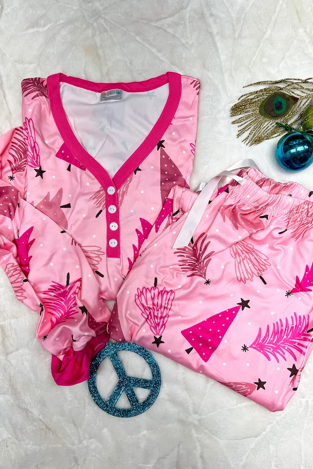Printed V-Neck Long Sleeve Top and Pants Lounge Set - Image 3