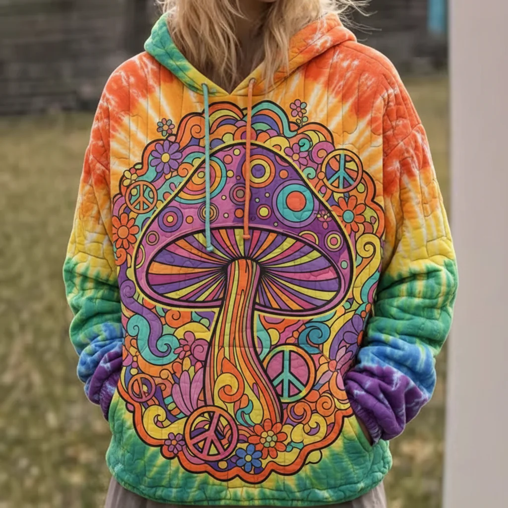Psychedelic Mushroom Quilted Hoodie - Hippie Groovy Sweatshirt