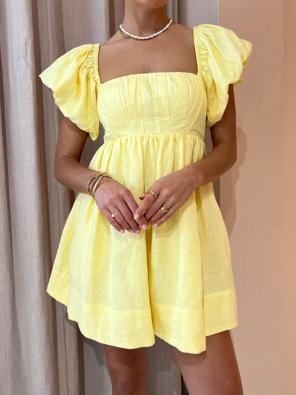 Puff sleeve mini dress in yellow - Image 3