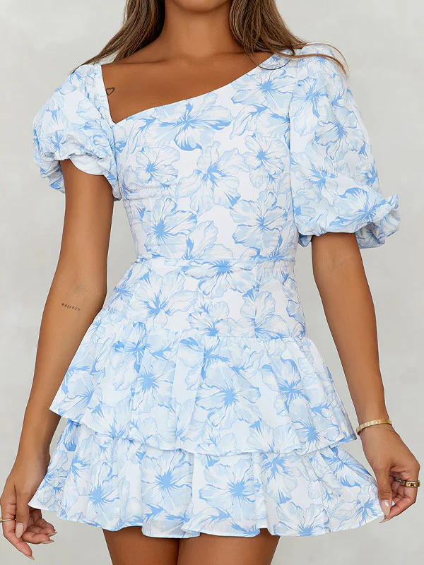 Puff sleeve printing dress blue - Image 2