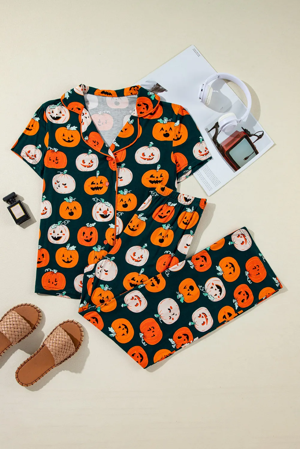 Pumpkin Printed Short Sleeve Top and Pants Lounge Set - Image 2