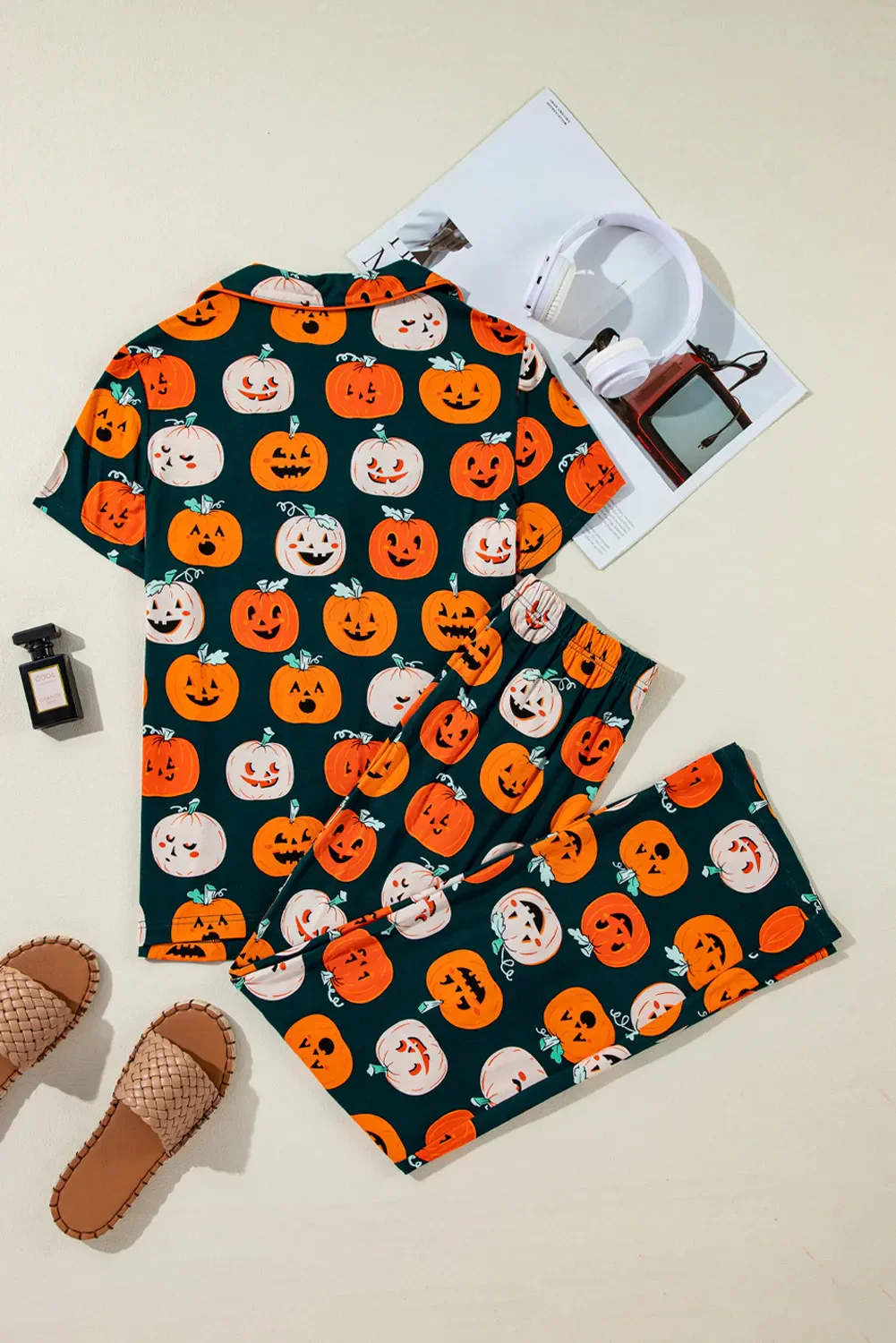 Pumpkin Printed Short Sleeve Top and Pants Lounge Set - Image 3