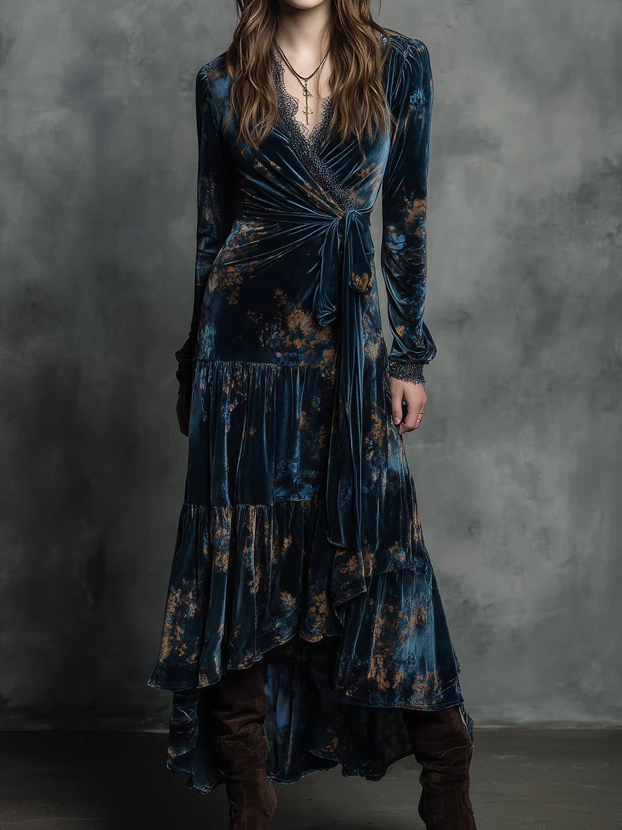 Quiet-boho Azure Mirage Velvet Wrap Maxi Dress - Image 2