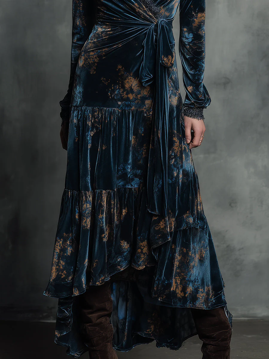 Quiet-boho Azure Mirage Velvet Wrap Maxi Dress - Image 3