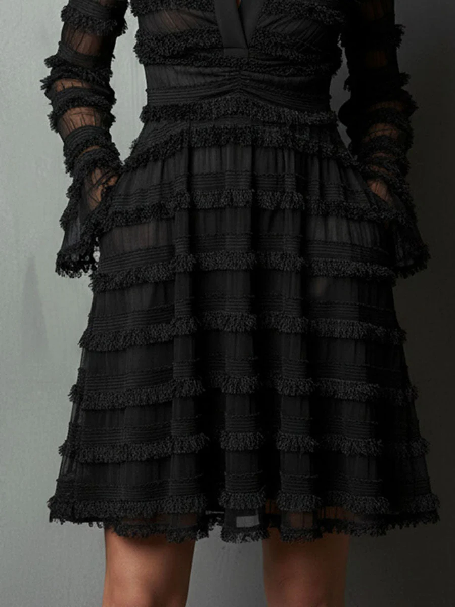 Quiet Luxury Black Fringe Textured Sheer Layered Dress - Image 3