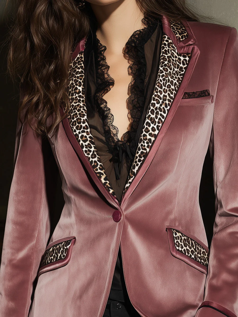 Quiet Luxury Leopard Print Splicing Polyester Velvet Slim Fit Blazer - Image 2