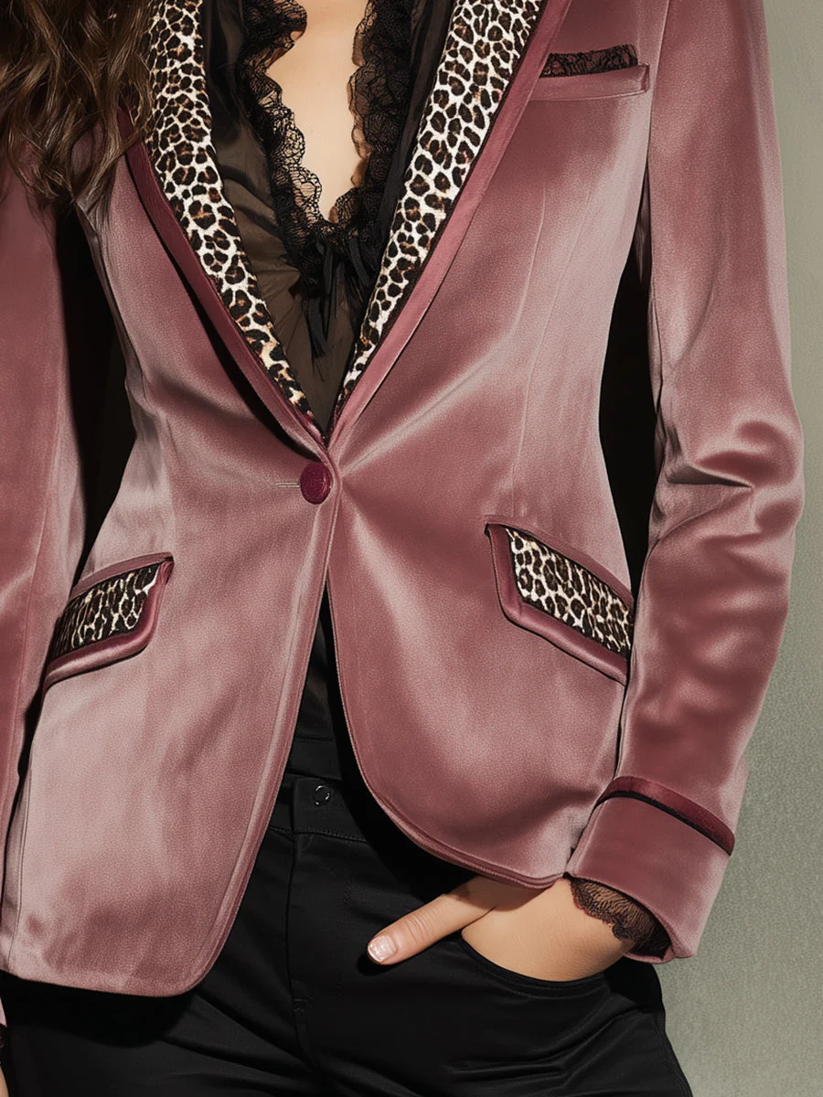 Quiet Luxury Leopard Print Splicing Polyester Velvet Slim Fit Blazer - Image 3